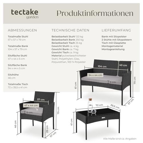 tectake® Rattan Gartenmöbel Set, Outdoor Lounge Möbel,1x Gartenbank, 2X Stuhl, 1x Balkontisch, mit Outdoor Kissen wetterfest… – Ansicht 6