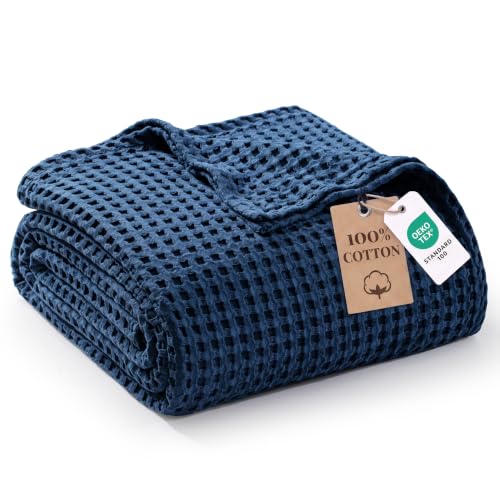 Image of Exclusivo Mezcla Pre-Washed 100% Cotton Waffle Throw Blanket for Sofa, 330GSM Lightweight Breathable Summer Blankets, Soft and Cozy, Room Decor, Navy Blue, 130x150 CM
