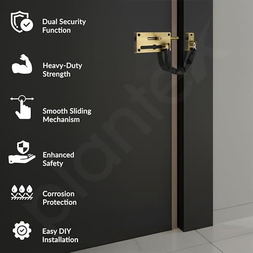 Image of Plantex Door Chain with Baby Latch /Door Chain Lock for Main Door /Latch Lock for Door /Heavy Duty Door Safety Guard Lock for Home, Hotel & Office Security - Pack of 1 (DTK-294-Brass Antique)