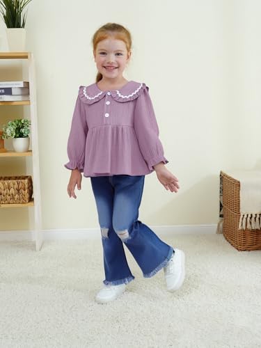 Renotemy Toddler Baby Girl Clothes Fall Winter Outfits, Long Sleeve Shirts Denim Jeans Flare Pants Set for Girls 12Months-5T2