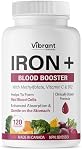 Iron Supplement For Women - Blood Booster With Methylfolate, B12 and Vitamin C - Increase Iron Levels Without Side Effects - Ferrous Iron Bisglycinate - Vegan, Gentle On Stomach - 120 Capsules