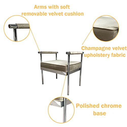 First Of A Kind Modern Champagne Seating Bench With Arms, Modern Style Velvet Upholstered Entry Way Champagne Bench With Silver Frame, Seating Bench For Living Room, Entryway, Bedroom, Vanity, Office. #TOP4