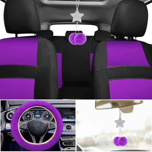 JINGSEN Car Seat Cover Full Set for Women,3D Air Mesh Car Seat Cover with 5mm Composite Sponge Inside,Universal Car Seat Cover, Fluffy Steering Wheel Cover, Accessories Full SUVV(Purple)