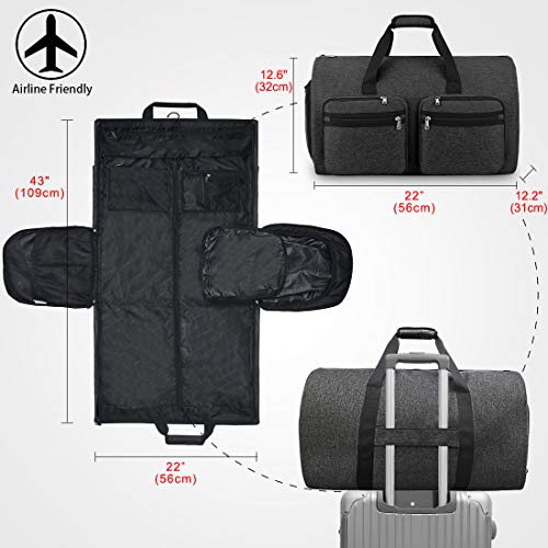 Carry On Garment Bag Convertible Large Suit Bags for Men Women Waterproof 2 in 1 Travel Duffle Bag Weekend Bag with Shoe Compartment Black