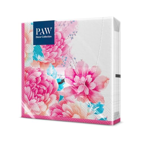 PAW - Servietten 3-lagig (33 x 33 cm) I 20 Stück I Perfekt für Geburtstage, Partys, Hochzeiten, Kommunion und Feiern I Tischdeko Bunte Papierservietten - Rosa Blüten Flora I Scent Of Spring