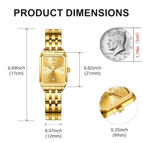 OLEVS Women's Small Gold Watch, Square Ladies Watches for Small Wrists, Dainty Fashion Luxury Dressy Analog Quartz Date Waterproof Wrist Watch for Women,Gold/Black/White/Blue/Green Face4