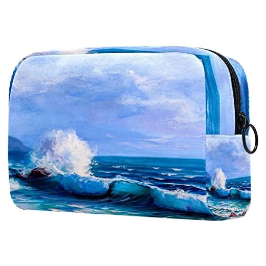 Neceser pequeño para Maquillaje, Neceser de Viaje con Cremallera,Olas de Acuarela del océano,Organizador de cosméticos para Mujer