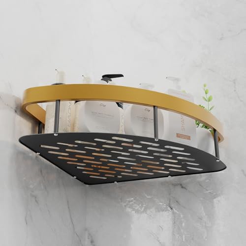 Image of MIORAH Self Adhesive Bathroom Corner Shelf, Rustproof Powder Coated Aluminium Organizer, No Drill Wall Mounted Storage Gold Pack of 1