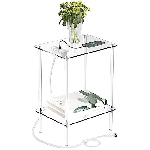 Eglaf Acrylic Side Table with Charging Station & USB Ports - Small Nightstand Bedside Table End Table for Living Room, Bedroom - 15.7'' L x 11.8'' W x 21.7'' H, 2 Tier Cover
