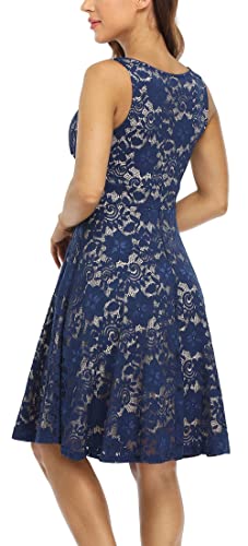 MISS MOLY Lace Dresses for Women Overlay Fit and Flare Dress V Neck Elegant Wedding Dress Skater Party Dresses Blue XL