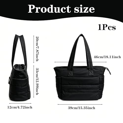 Image of Office Bag for Woman, Tote Bag for College Girls, Spacious Tote Bags for Women, Travel Bag for Daily Commute, Gym Bag for Women, Shoulder Bag for Busy Professionals, Black Large Capacity Puffy Handbag