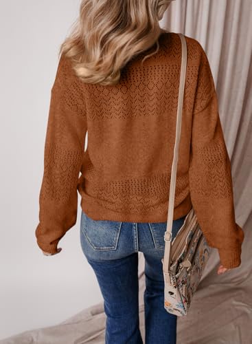 Image of SHEWIN Women's Sweaters Casual Long Sleeve V Neck Crewneck Lightweight Crochet Pullover Sweater Tops