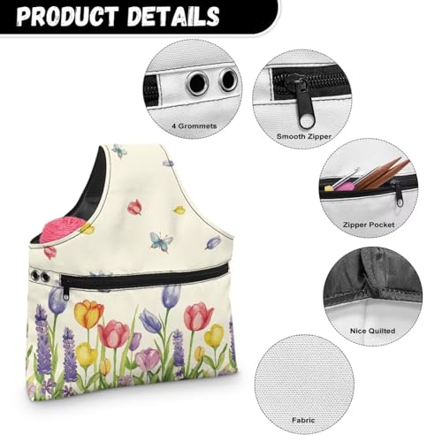 Image of KUIFORTI Floral Knitting Yarn Bag, Yarn Bags for Crocheting on The Go Crochet Organizer Storage Bag, Yarn Tote for Crochet Accessories, Knitting Needles, Fit for Women Girls at Home Travel, Large Size