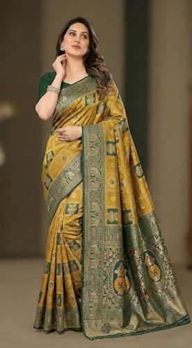 Image of C J Enterprise Women's Kanjivaram Silk Saree Woven Patola Banarasi Soft Sarees Zari With Blouse Piece (Hathi Patola)