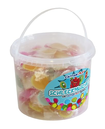CAPTAIN PLAY 100 Schleckmuscheln einzeln verpackt, Party Bucket mit Schleckmuscheln Süßigkeiten, 1kg