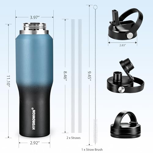 Image of HYDROWION Insulated Water Bottles, Water Bottle fits in Car Cup Holder (Cold 48 hrs, Hot 24 hrs) with Straw Lid, Spout Lid and Flex Cap,T-shpaed Water Bottle Leakproof Travel Thermo Tumbler,Blue&Black