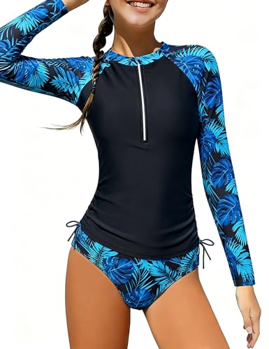 Image of Girls Rash Guard Swimsuits 2 Piece Half-Zip Long Sleeve Color Block Bathing Suits with Ruched Side Swimwear for 7-16Y