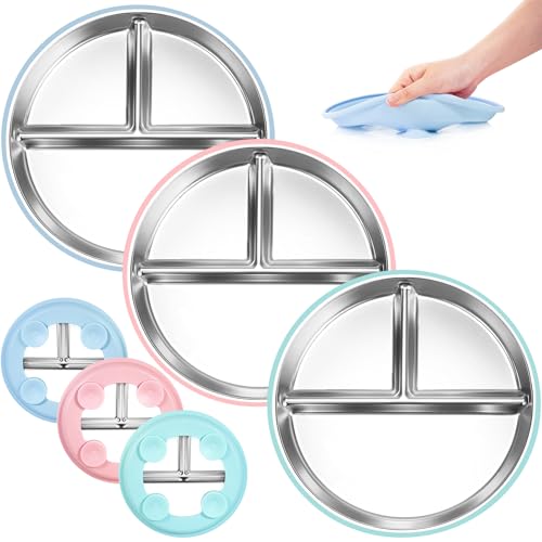 Image of Bella's Friends Stainless Steel Toddler Plates Silicone Suction,3 Packs Non-Slip Baby Plates,Divided Portion,Food-Grade Silicone Plate for Kids,LEAD-FREE Dishwasher Safe, Green Blue Pink