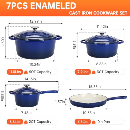 Image of LIFERUN Nonstick Enameled Cast Iron Cookware Set, 7Pcs Pots and Pans Set, Gas /Induction Dutch Oven Set, PFOA & PFAS Free
