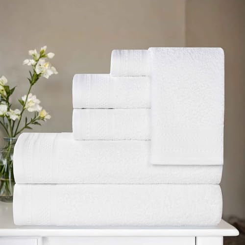 BLUENILEMILLS Honeycomb 500GSM, Textured Waffle Border, Highly Absorbent and Soft, Cotton Light to Medium Weight 6 Piece Towel Set, White