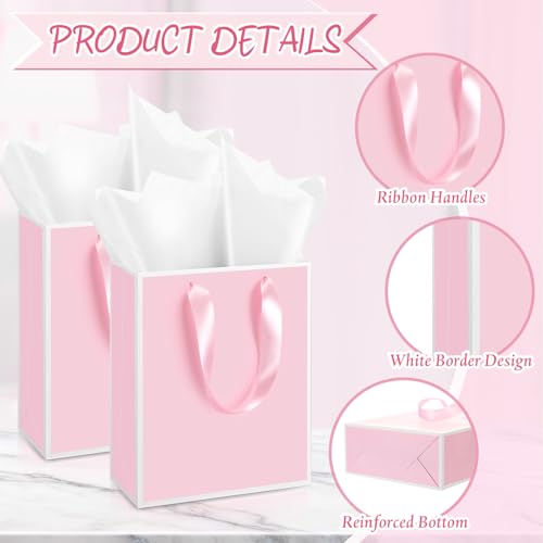 Image of Yeaqee 24 Pack Metallic Paper Gift Bags, Pink, White | with Satin Ribbon Handle and Tissue, 9x7x3.1 Inch, Suit Business, Birthday, Christmas, Thank You Return Gifts Bags
