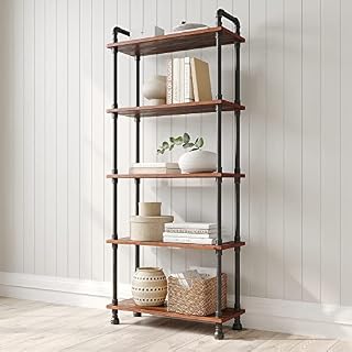 Barnyard Designs Furniture 5-Tier Etagere Bookcase, Solid Pine Open Wood Shelves, Rustic Modern Industrial Metal and Wood Style Bookshelf, Brown, 179 x 75 x 30cm