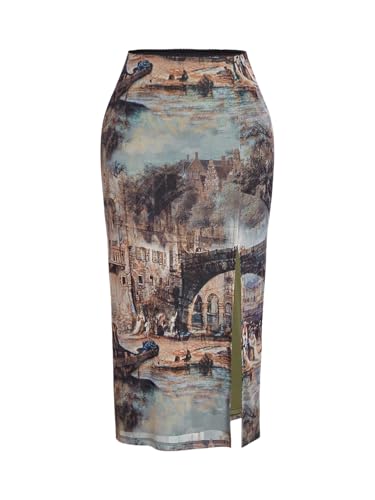 Women's Plus Size Oil Printed Bodycon Skirts Vintage Skinny Pencil Midi Skirt