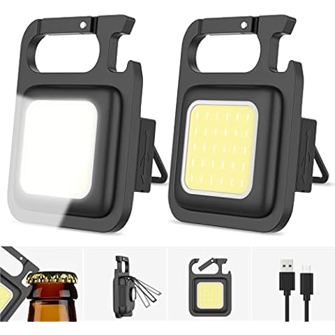 Mini COB Torch Keyring 2pcs, Rechargeable COB Waterproof Portable Work Light 4 Modes with Bottle Opener, Pocket Flashlight Multifunctional Keychain Emergency Light with Magnetic Base for Camping Cover