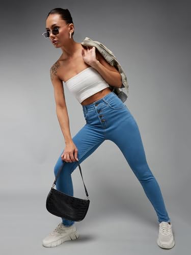 Image of Miss Chase Women's Skinny High Rise Cropped Fringed Hemline Detailing Stretchable Denim Jeans