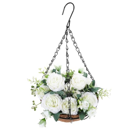 Hemobllo Artificial Flower Hanging Basket with White Peony in Coconut