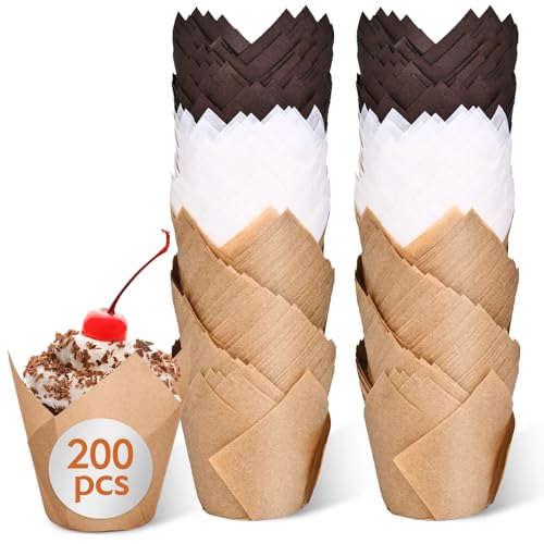 200pcs Tulip Cupcake Liners for Baking Cups, Excellent Muffin Liners, Unbleached Parchment Paper for Baking, Grease Resistant Cupcakes Wrappers for Party, Christmas by Kovpnor