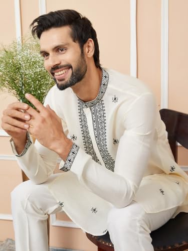 Image of See Designs Men's Long Sleeve Mandarin Collar Side Slit Cream Embroidered Chanderi Silk Straight Kurta with Pyjama
