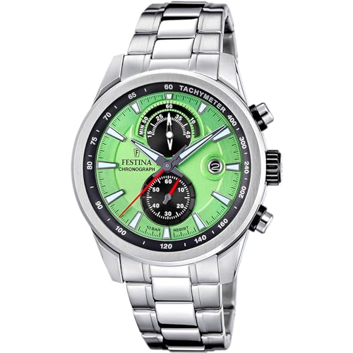 Festina Montre Homme Analogique en Acier Inoxydable 316L Argenté - Mouvement Quartz - Chronographe - Calendrier - Verre Minéral Résistant - Étanche 10 ATM...