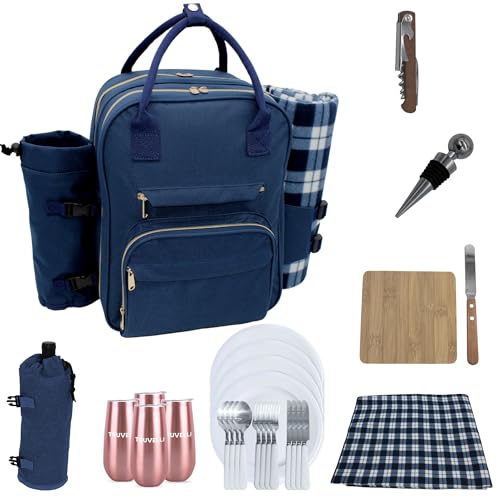Truvelli Picnic Backpack for Adventures, Blue 12-in-1 Insulated Picnic Backpack for 4, Great Alternative to a Bulky Picnic Basket Set, Romantic Picnic Set for 4, Picnic Basket for 4, Picnic Bag