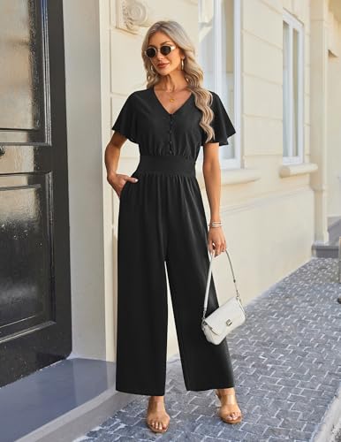 LOOKBOHO Dressy Jumpsuits for Women Ruffle Short Sleeve Button V Neck 2026 Wide Leg Pants Romper One Piece Outfits — view 2