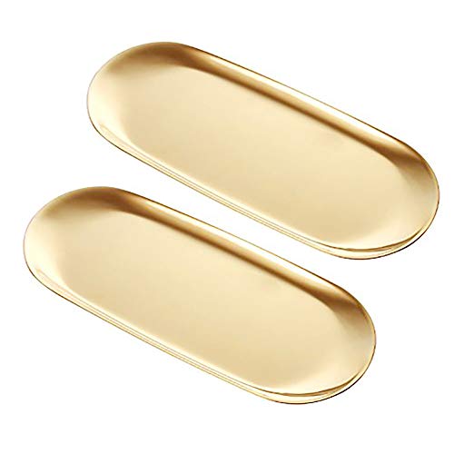 2Pcs Stainless Steel Towel Tray Dish Plate Storage Tray Tea Tray Fruit Trays Cosmetics Jewelry Organizer Oval  Gold