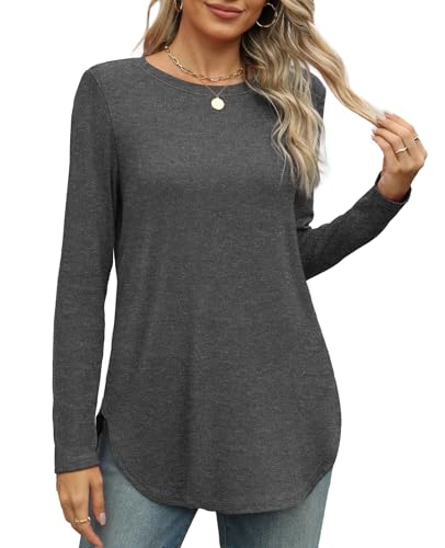 Image of XIEERDUO Womens Long Sleeve Round Neck Shirts Side Split Basic Loose Tunic Tops Casual 2026
