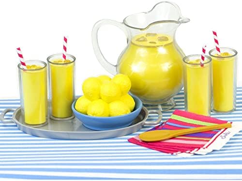 Lemonade Doll Food Play Specialty Serving Set, Includes Doll Pitcher, Doll Serving Tray, Bowl of Lemons, 4 Lemonade Drinks, 4 Napkins, Wood Serving Spoon & Table Runner. Perfect for 18" American Girl Dolls, Lemonade Stand Food Set for Dolls.