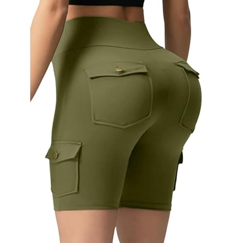 DMMWCX Women's Shorts Multi-Pocket Solid Color Women's Hip Lifting Workout Shorts Stretch Fitness Leggings-Green-XL
