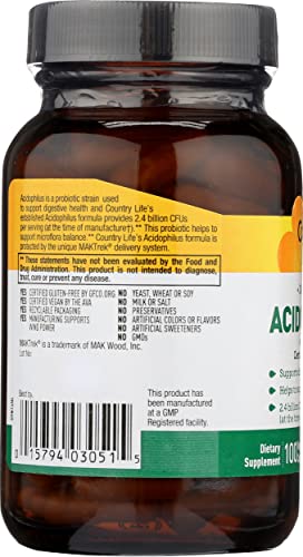 Country Life Dairy-Free Acidophilus With Pectin, 2.4 Billion Cfus, 100 Vegan Capsules, Certified Gluten Free, Certified Vegan #TOP5