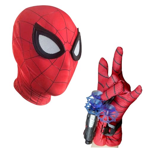 Máscara Vermelha Spider e Luva Lançadora de Teias de Aranha para Crianças | Máscara Ultra-Realista de Lycra | Lançador com 3 Dardos de Ventosa | Disfarce Aranha Tamanho Único | Original Corner®