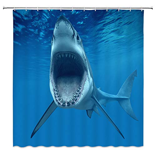 dachengxing Fish Shark Shower Curtain Seabed Animal Decor Megalodon Open Mouth Foraging Underwater