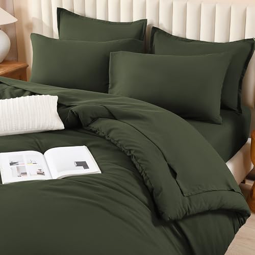Image of Litanika Comforter Full Size Set Olive Green - 7 Pieces Bed in a Bag Full Bedding Comforter Sets, Plain Lightweight Bed Set with Comforter, Sheets, Pillowcases & Shams