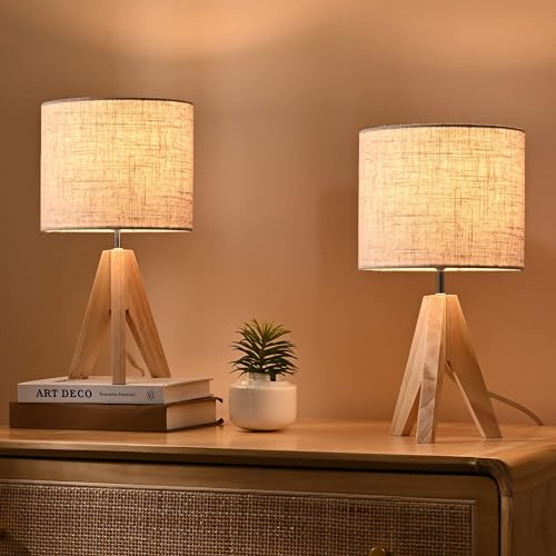 EDISHINE Bedside Lamps Set of 2, Wood Bedside Table Lamp, Tripod Desk Lamp with Beige Linen Lampshade, On-Off Switch, Desk Lamps for Living Room, Bedroom, Office, E27 Base, Linen - Cosy Home Interiors EDISHINE Bedside Lamps Set of 2, Wood Bedside Table Lamp, Tripod Desk Lamp with Beige Linen Lampshade, On-Off Switch, Desk Lamps for Living Room, Bedroom, Office, E27 Base, Linen