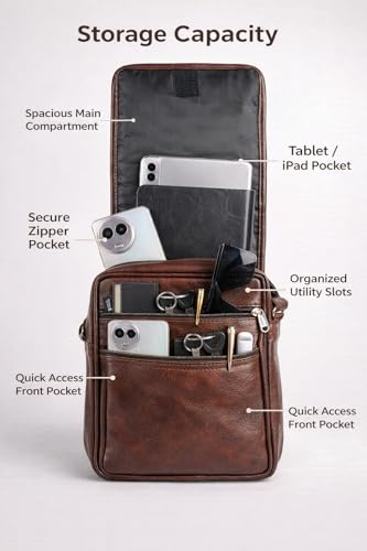 Image of Men's Leather Sling Bag Crossbody Messenger Shoulder Bag | Stylish Office Travel Side Bag with Multiple Compartments, Adjustable Strap & Secure Pockets for Daily Use