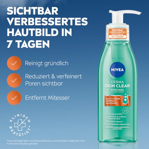 NIVEA Derma Skin Clear Waschgel, Cleanser für ein sichtbar verbessertes Hautbild, effektive Gesichtsreinigung für unreine Haut mit Salicylsäure & Niacinamid (150 ml)