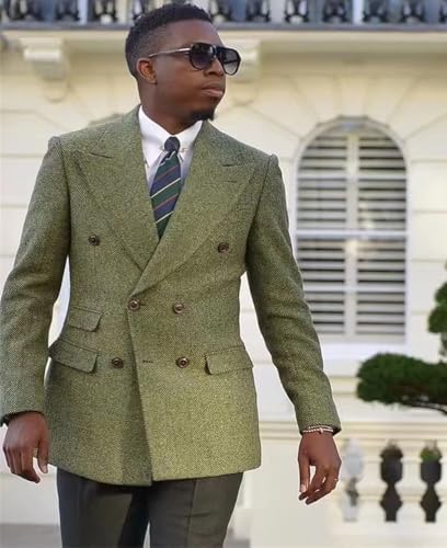 VENNYNG Men's Wide Herringbone Blazer Fall Double Breasted Suit Coat VintageTweed Sport Jacket Wedding Business Casual4