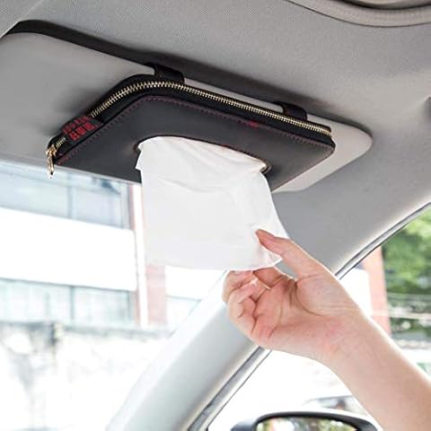 Cartisen Car Tissue Holder, Sun Visor Tissue Holder, Car Visor Napkin Holder, PU Leather Backseat Tissue Case Holder for Car Vehicle with Zipper (Black) Cover