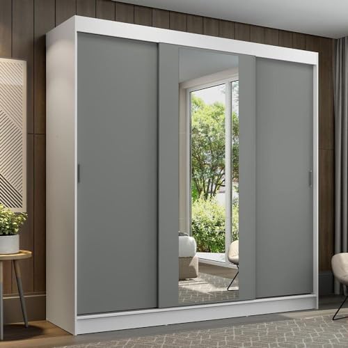 Guarda-roupa Casal Madesa Reno 3 Portas de Correr com Espelho - Branco/cinza