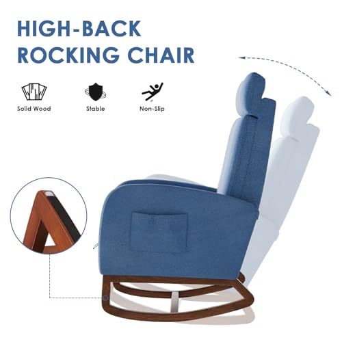 Image of Rocking Chair Nursery High Back Rest Glider Rocker with Footrest Nursing Rocking Chairs Upholstered Accent Arm Chair for Living Room Bedroom Indoor, Dark Blue